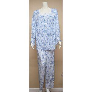 Eileen West White Blue Floral Modal Cotton Two Piece Pajama Set SM NEW E5720199